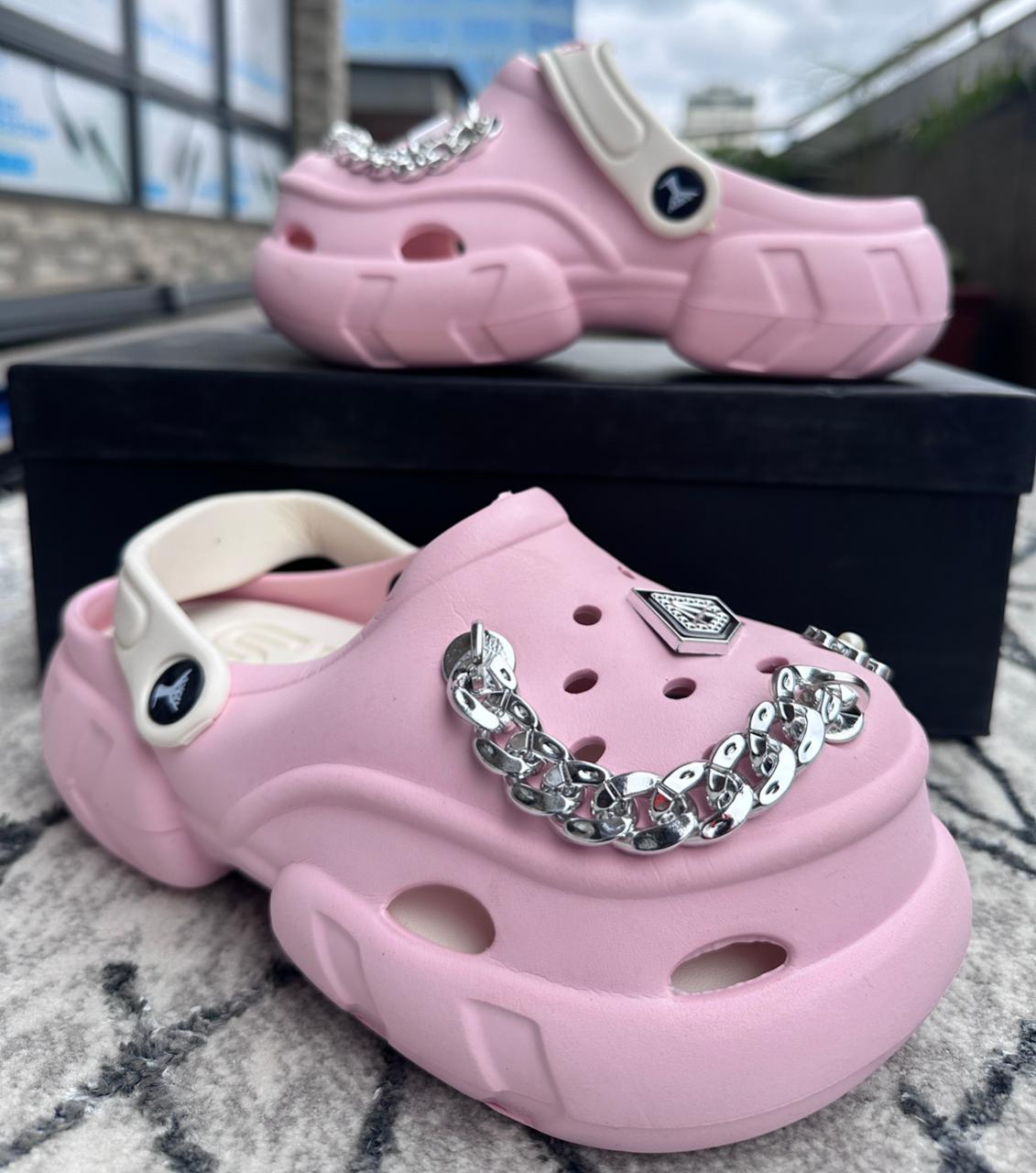 Pink Chain Detail Platform Ladies Crocs