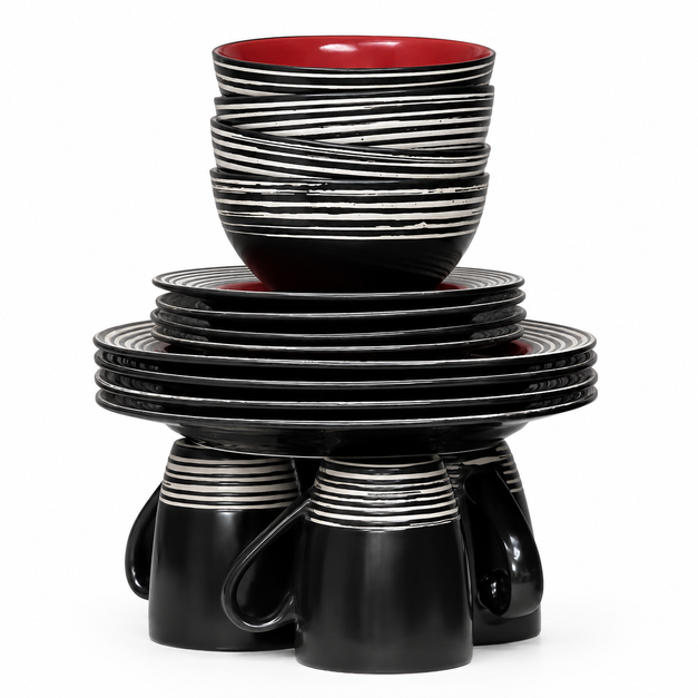 Black & Red Striped Ceramic 16PCS Dinner Set-(8929)