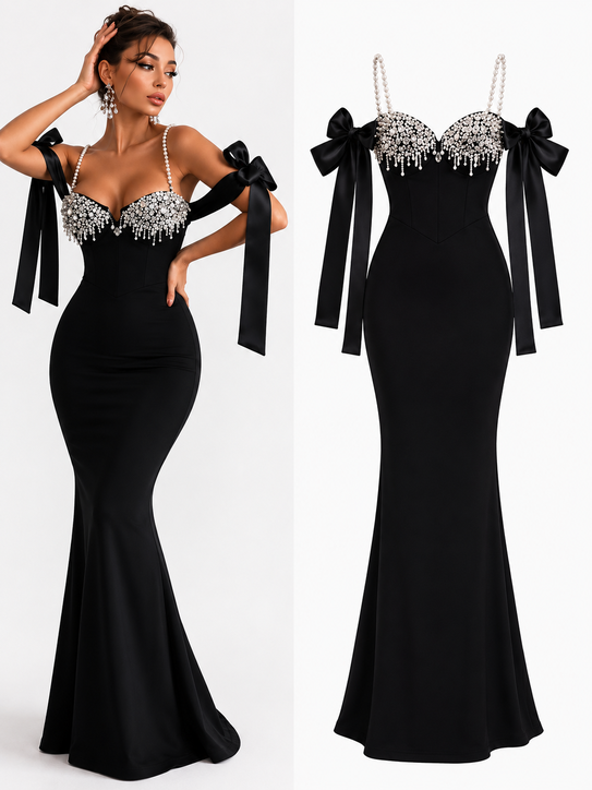 495 Crystal Draped Bow-Strap Midi Dress