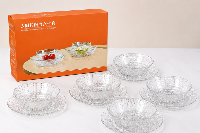 Sun Flower Bowl and Plate 6-Piece Glass Dining Set