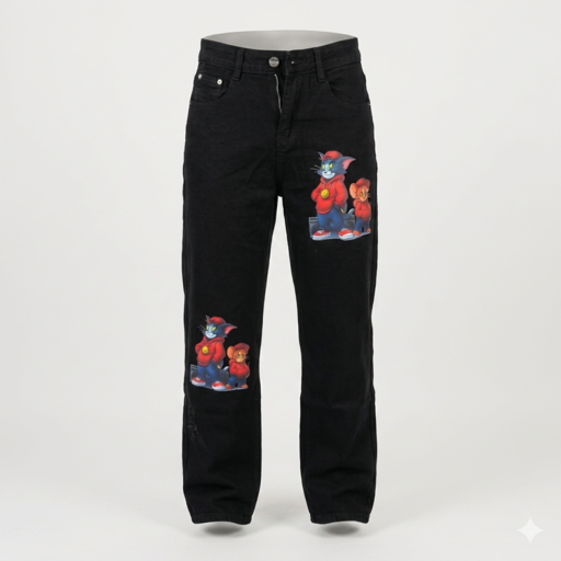 50992 Cartoon Graphic Straight Leg Black Denim Jeans