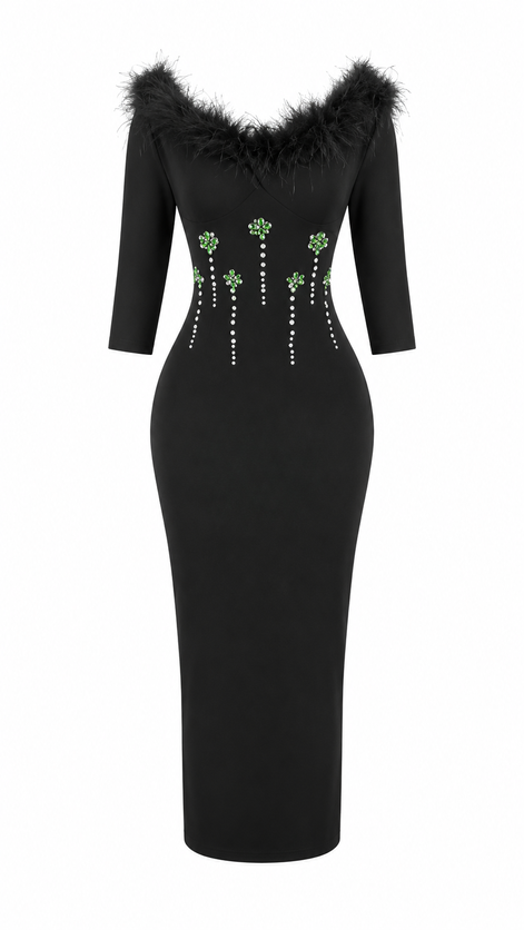 580 Feather Trim Rhinestone Bodycon Midi Dress