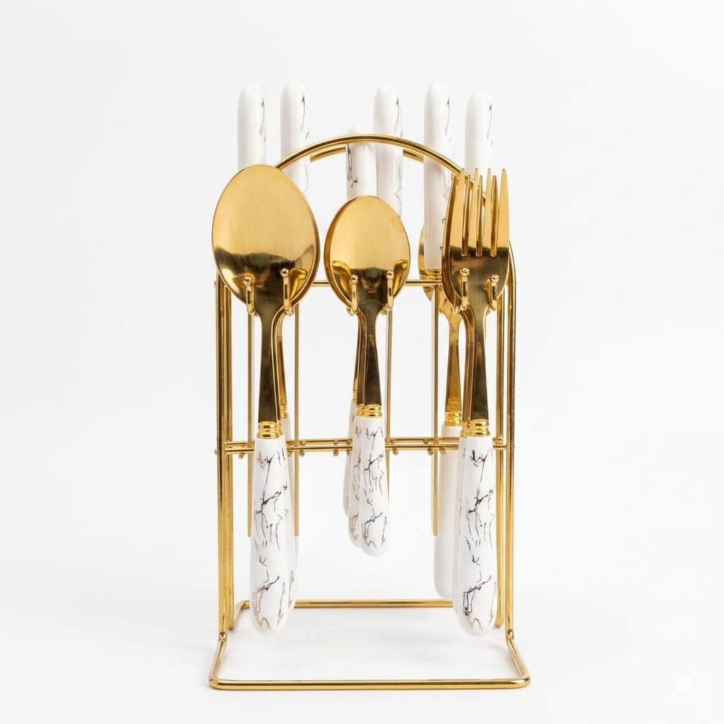 TC-W Luxury Gold & White Marble Cutlery Set – 24 Pieces with Storage Stand