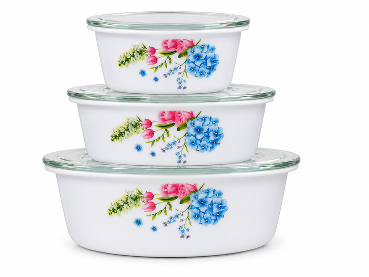 Floral Ceramic Food Storage Bowls with Glass Lids