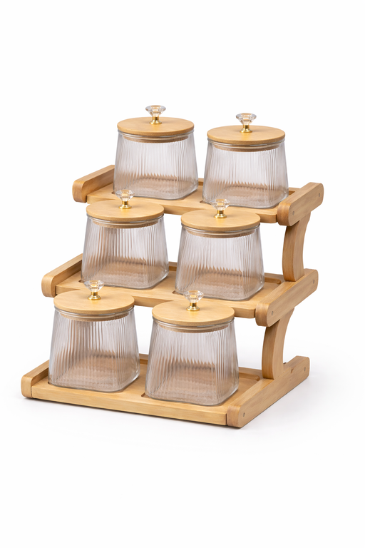 6PCS Glass Storage Jar Set with Wooden Lids & Rack