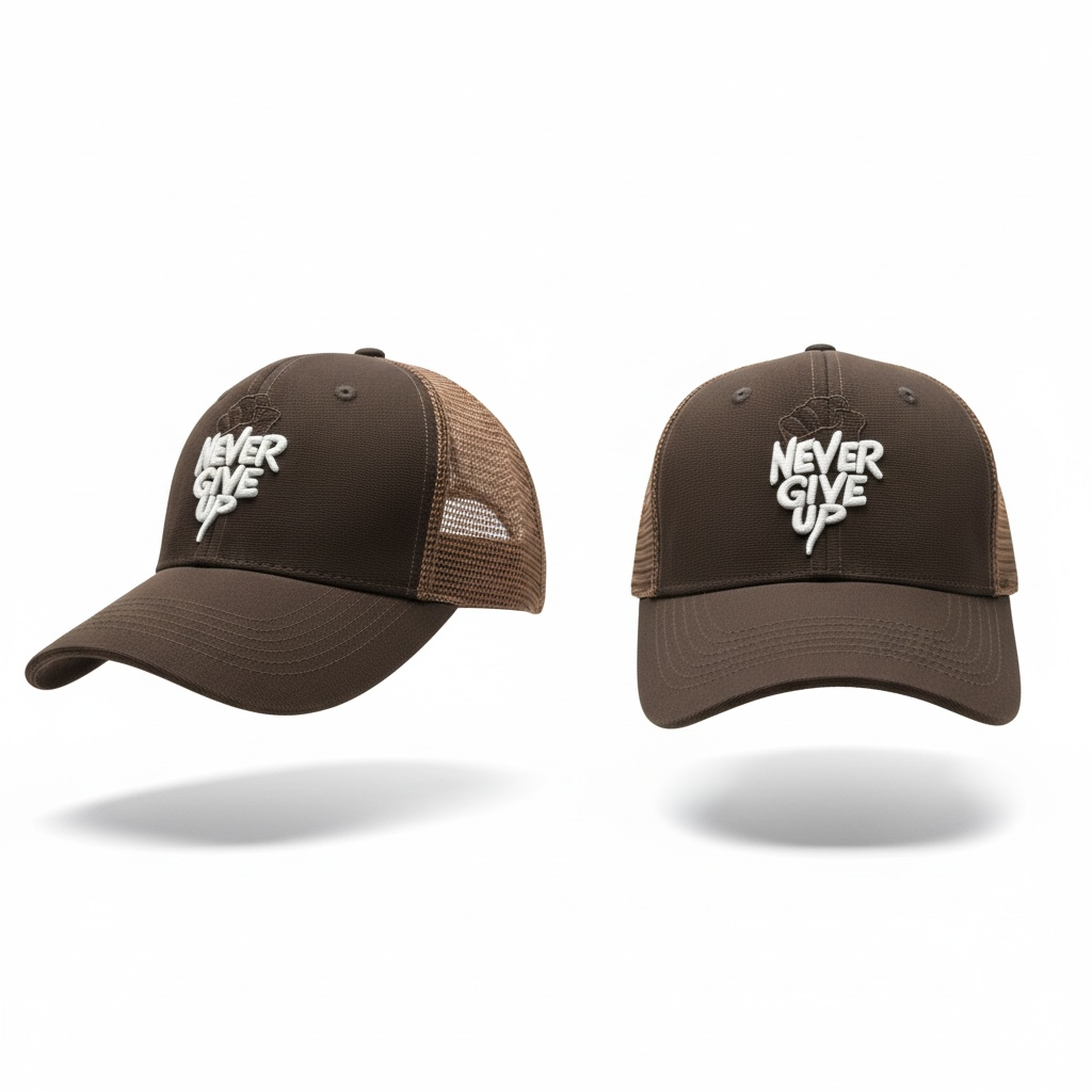 Premium "Never Give Up" Mesh Cap – Chocolate Brown Streetwear