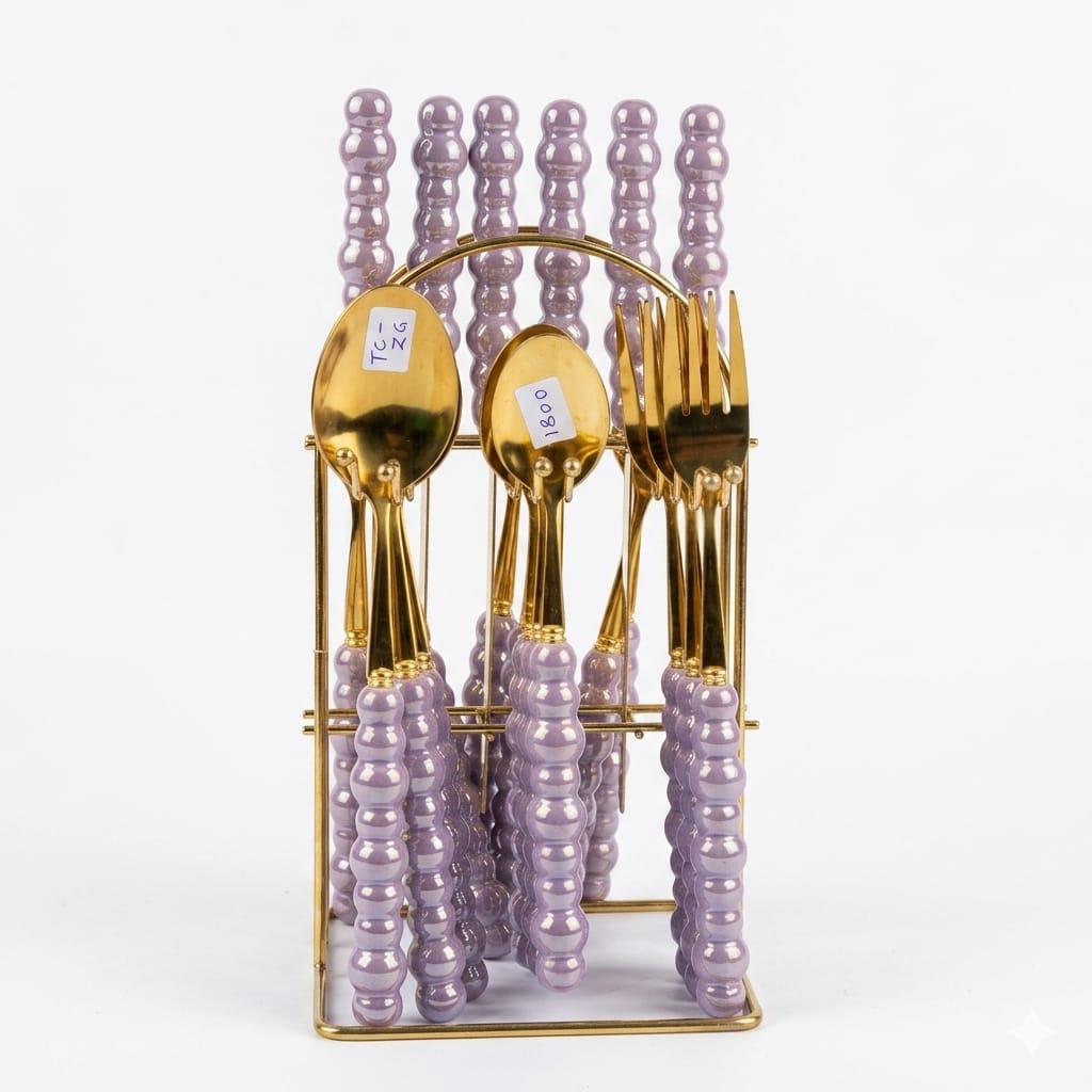 TC-ZG Luxury Gold & Lavender Cutlery Set – 24 Pieces with Storage Stand