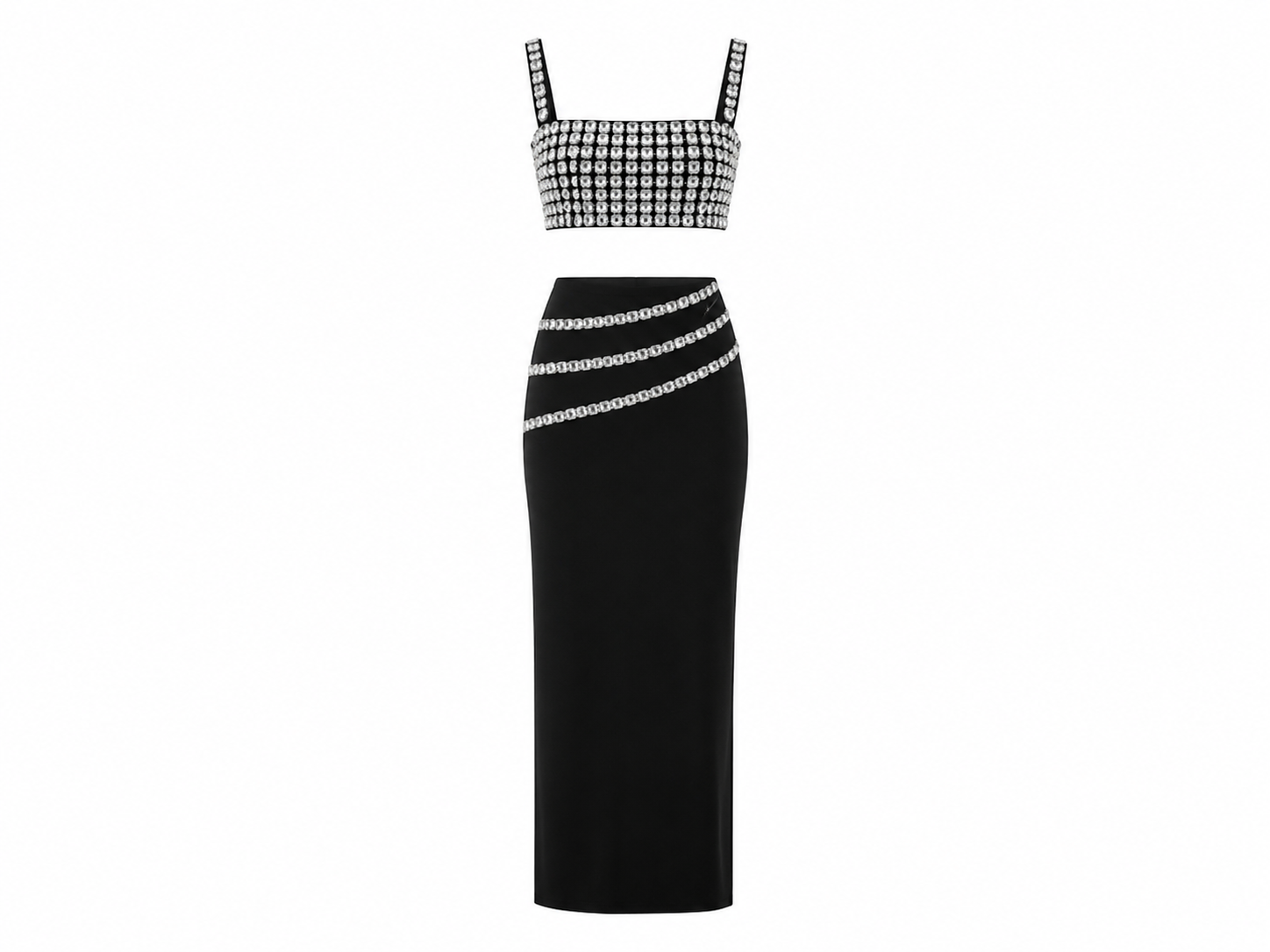 Crystal Embellished Crop Top and Maxi Skirt Set 607