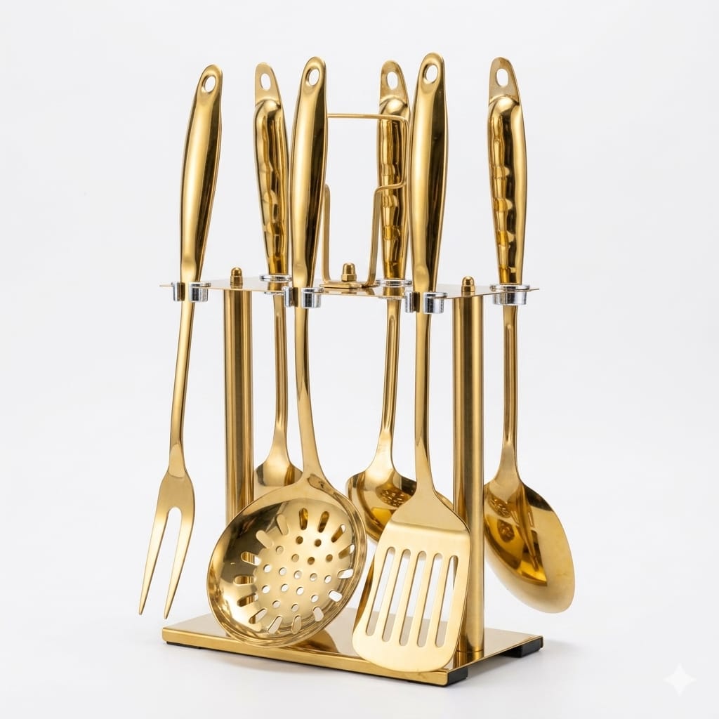 KX-G Luxury Gold Kitchen Utensil Set – 7 Pieces with Storage Stand