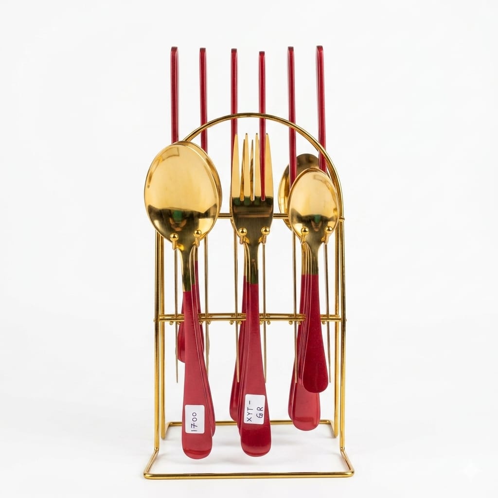 XYT-GR Luxury Gold & Red Cutlery Set – 24 Pieces with Storage Stand