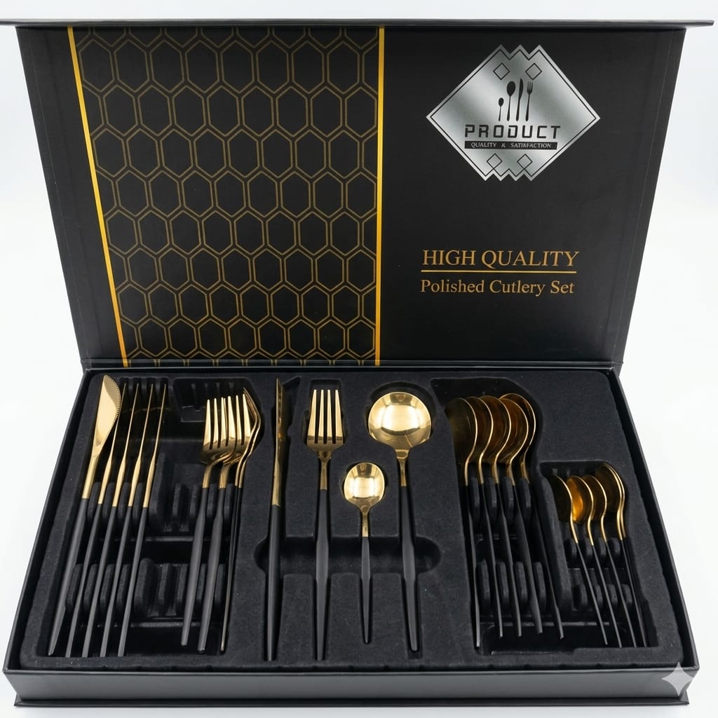 PTY-G Luxury Gold & Black Cutlery Set – 24 Pieces in Premium Gift Box