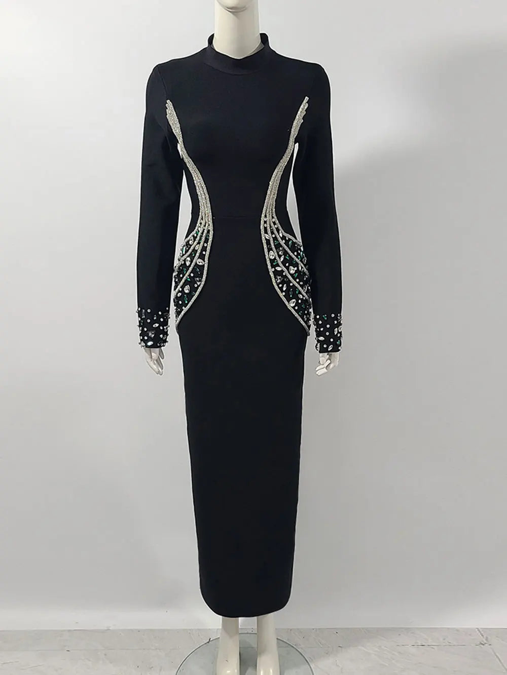 526 Jewel-Embellished Long Sleeve Hourglass Evening Gown – Elegant Maxi Dress