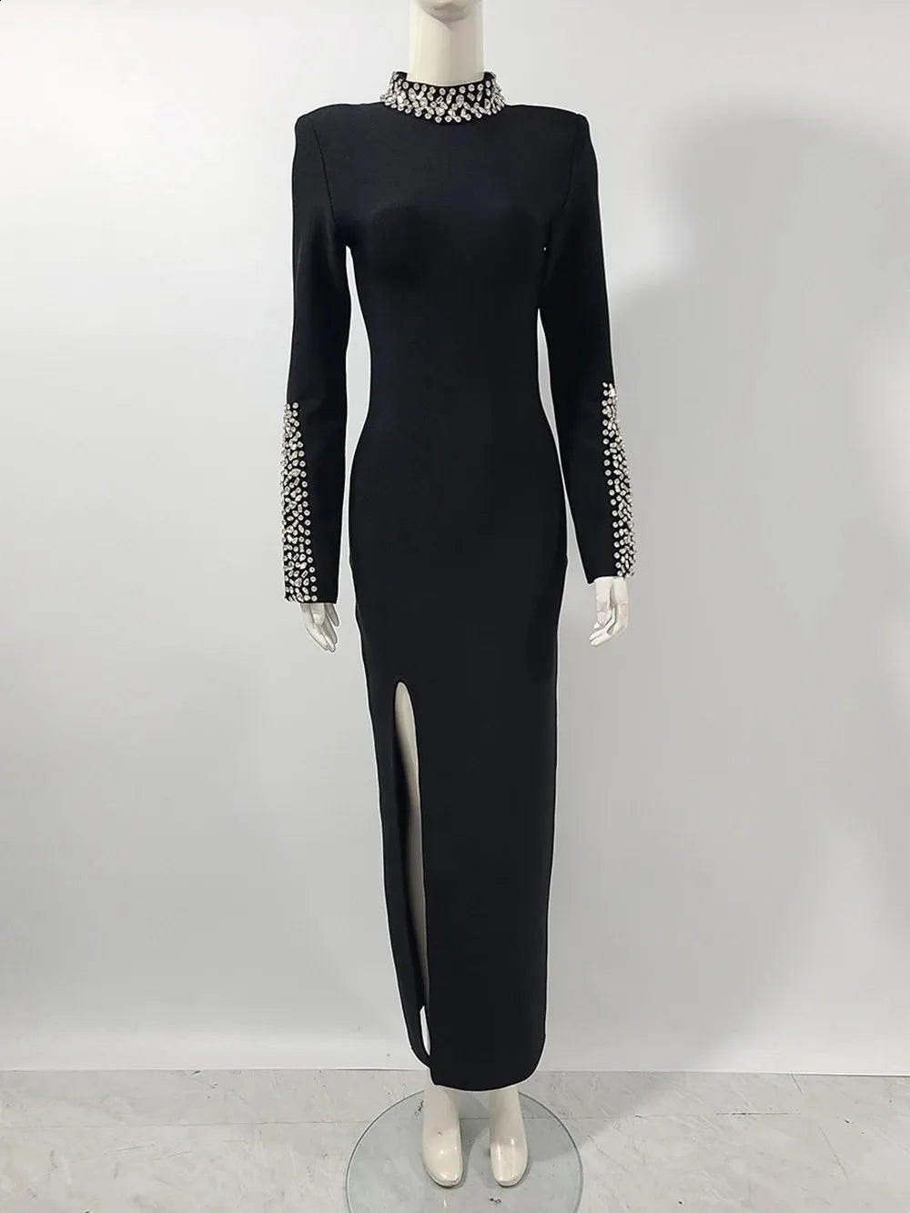 521 Jeweled High-Neck Long Sleeve Evening Gown – Elegant Maxi Dress