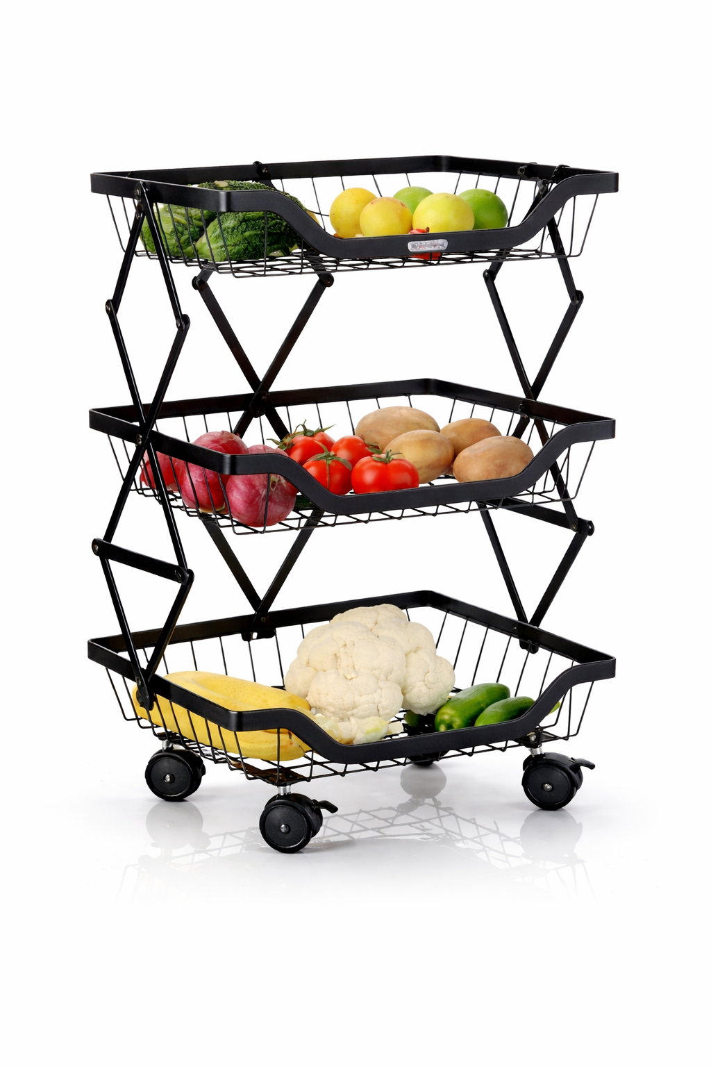 3-Tier Foldable Rolling Fruit and Vegetable Basket Stand – Collapsible Metal Storage Cart