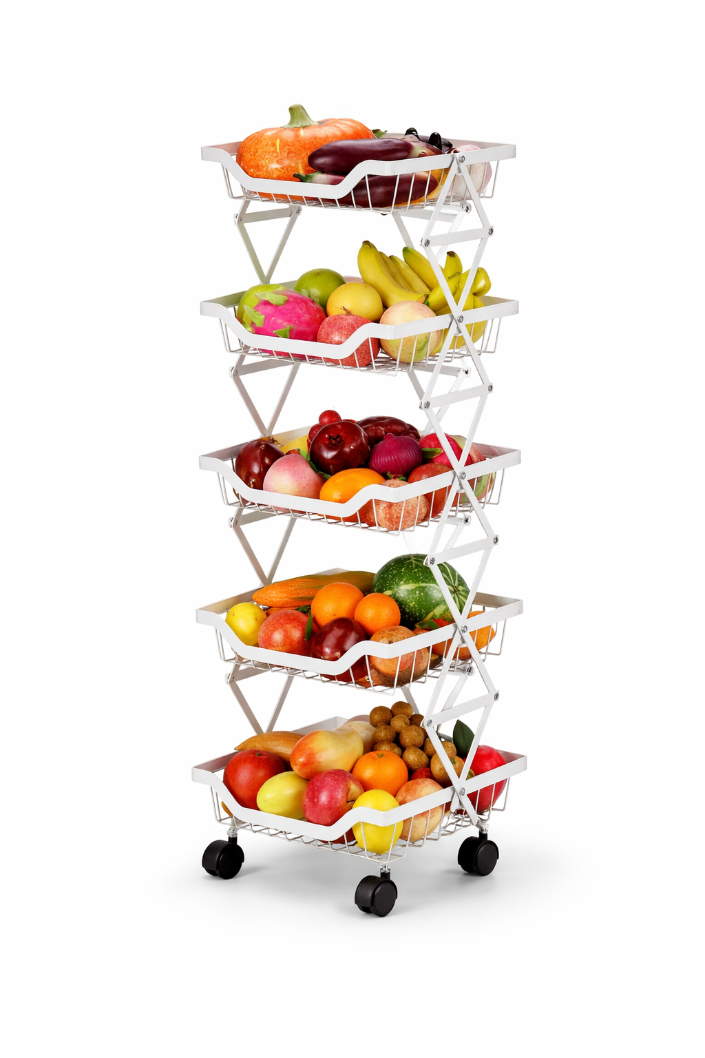 5-Tier Foldable Rolling Fruit and Vegetable Basket Stand – Extra Tall Storage Cart