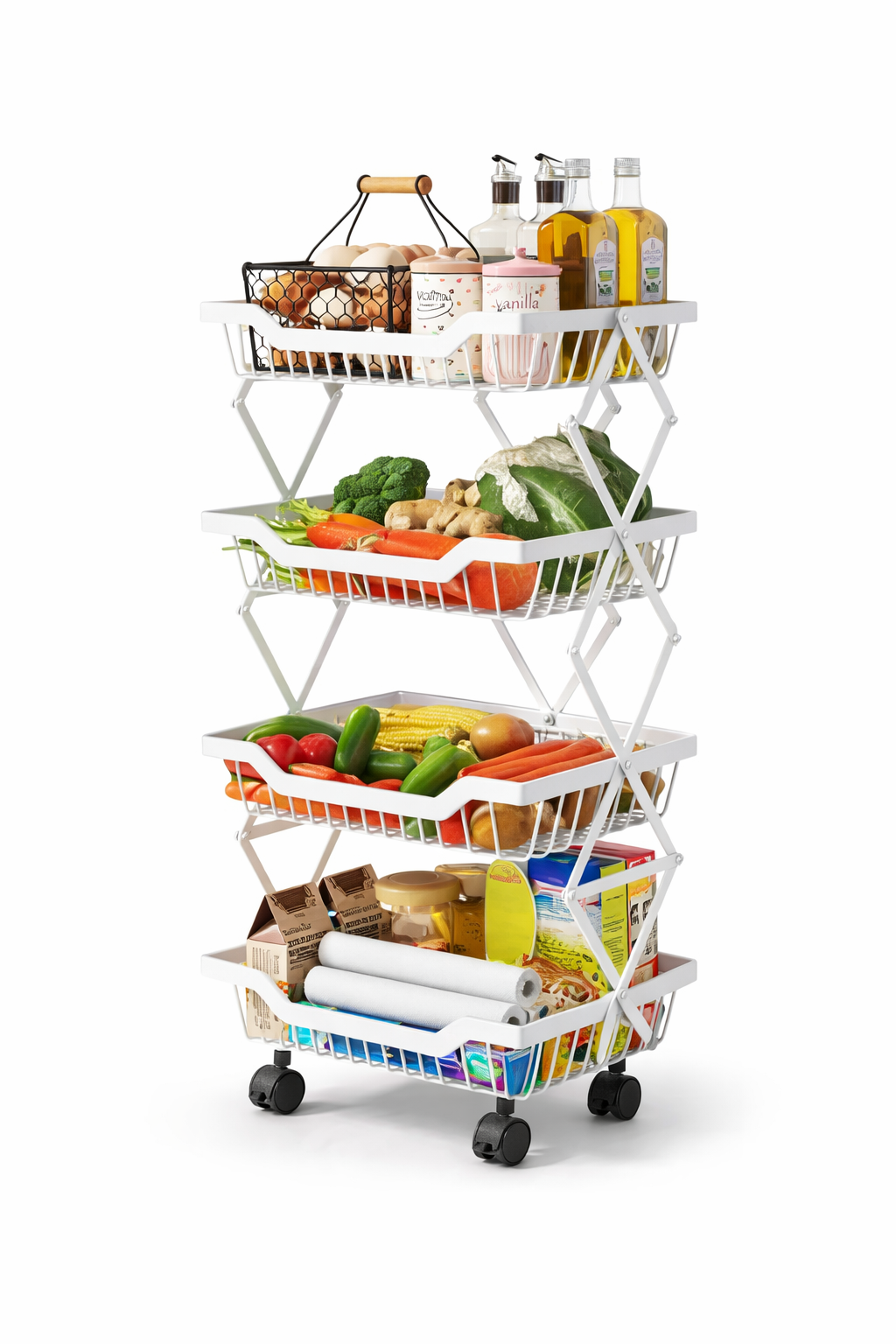 4-Tier Collapsible Fruit and Vegetable Basket Stand – Rolling Metal Storage Rack
