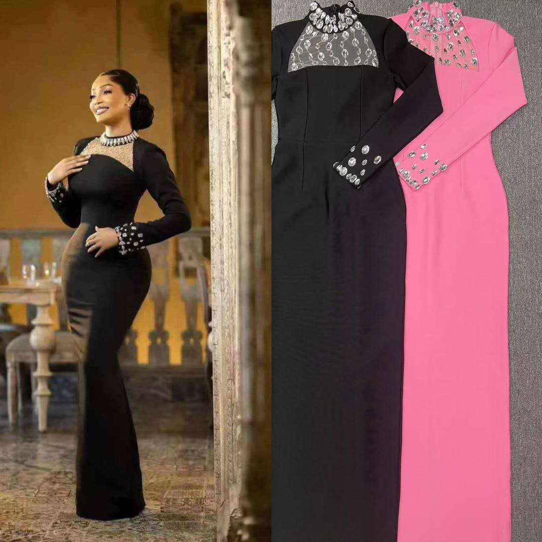 520 Crystal-Collar Mesh Yoke Long Sleeve Evening Gown – Elegant Maxi Dress