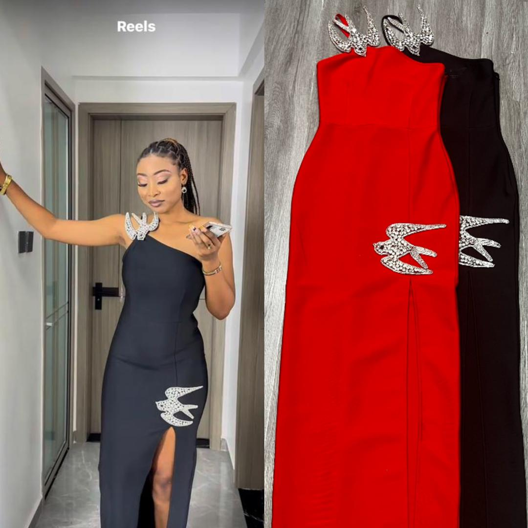 506 Rhinestone Swallow One-Shoulder Bodycon Dress