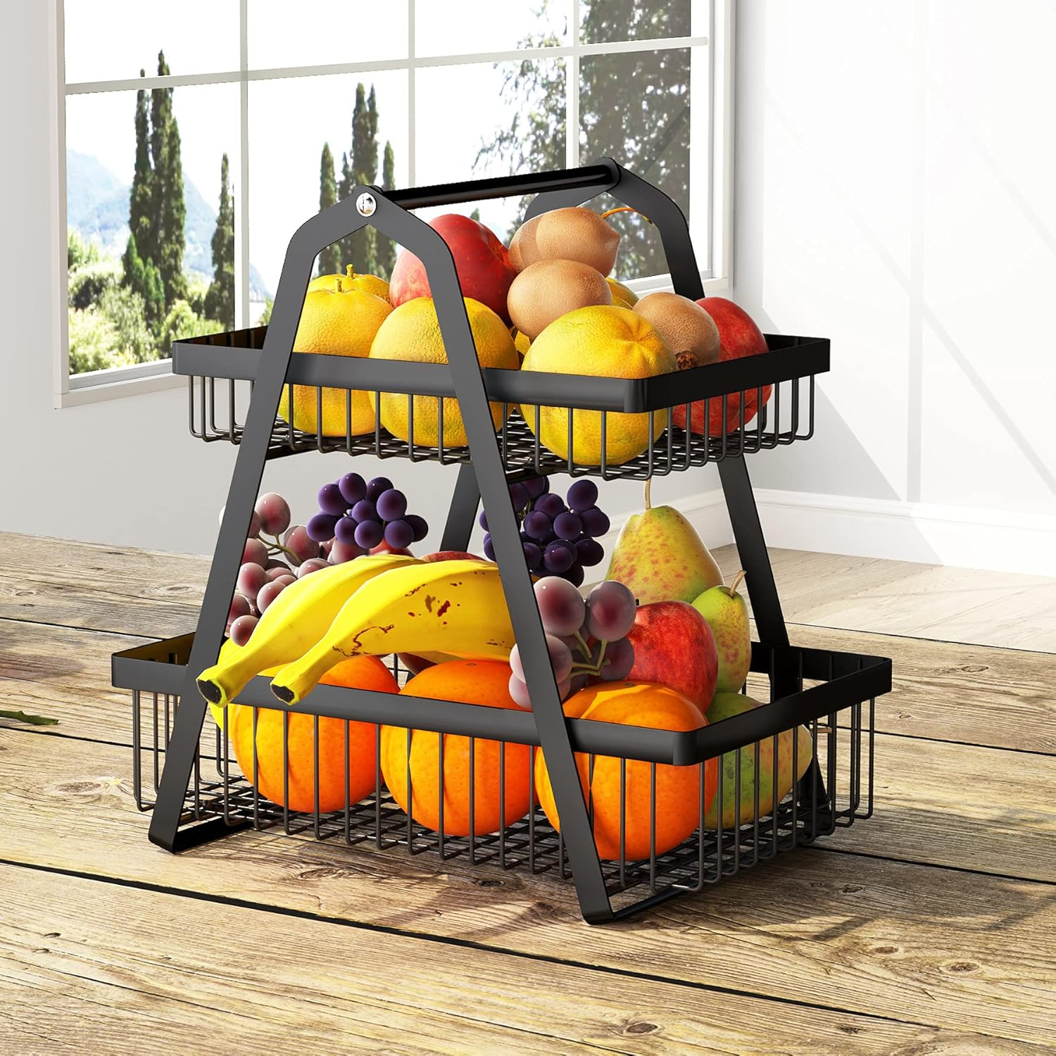 2-Tier Countertop Fruit Basket Stand with Handle – Metal Kitchen Fruit Organizer