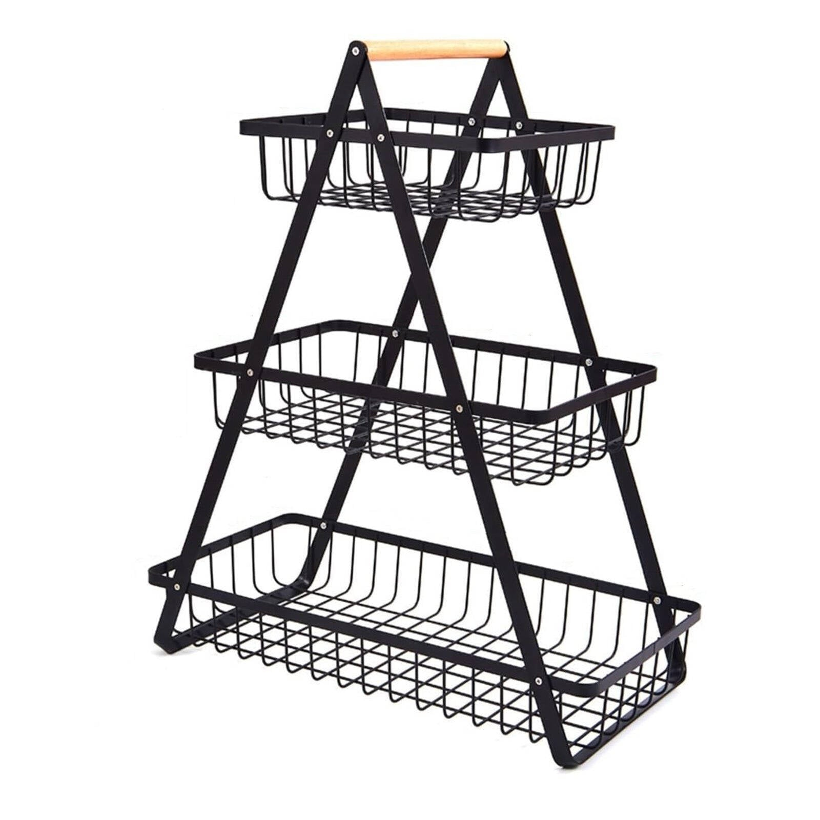 3-Tier Metal Wire Fruit Basket Stand with Wooden Handle – Foldable Kitchen Organizer