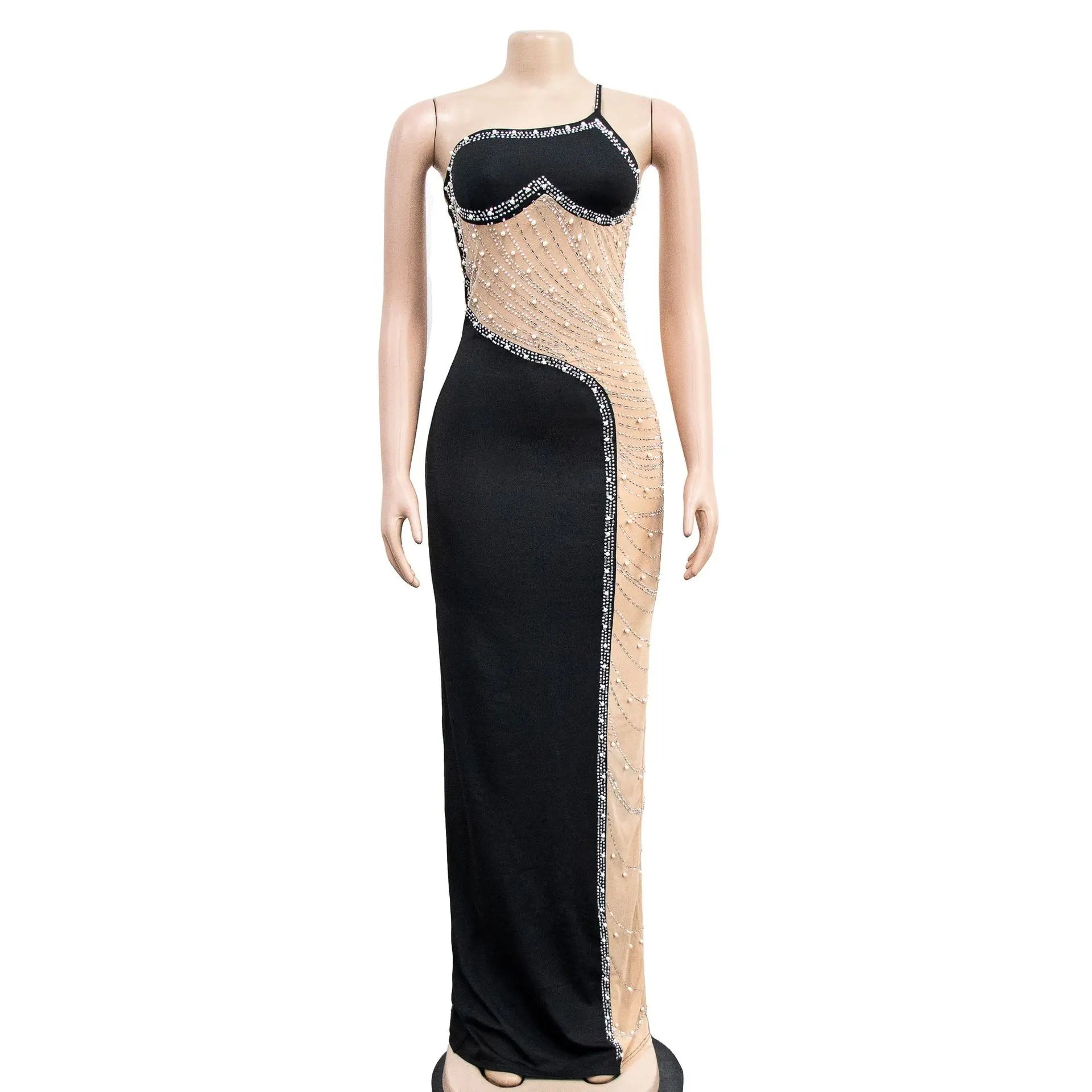 443 High-Slit One-Shoulder Appliqué Maxi Dress