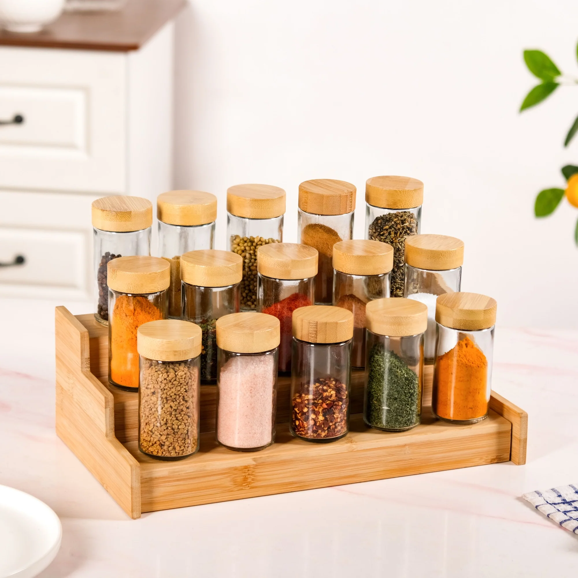 4-Piece Glass Spice Jar Set with Wooden Stand