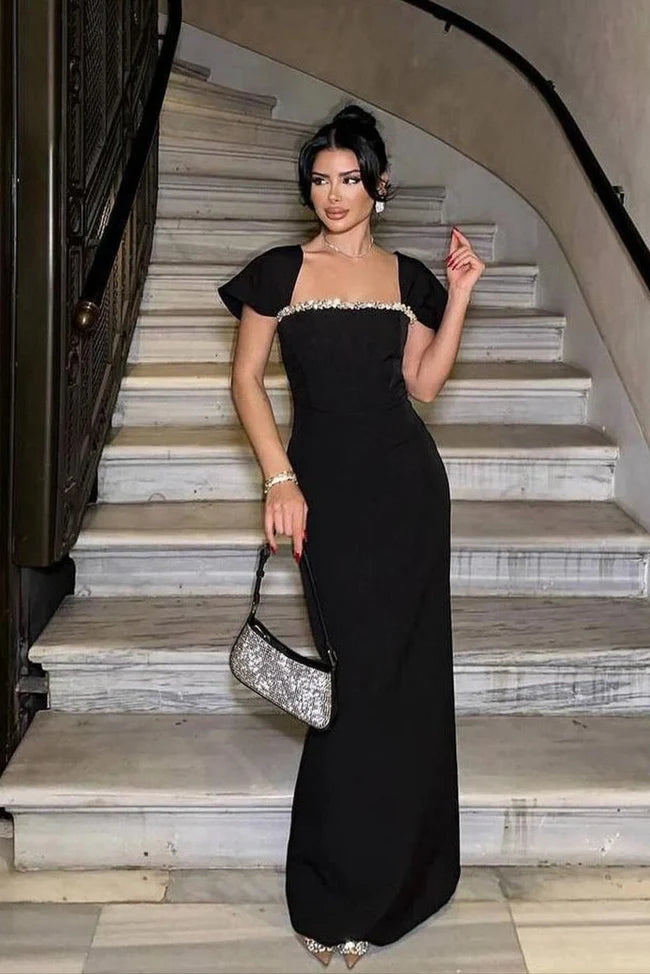 544 Square Neck Crystal Trim Maxi Evening Gown – Elegant Cap Sleeve Dress