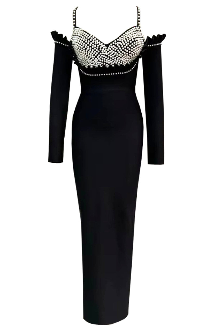 527 Black Pearl Embellished Cold Shoulder Bandage Gown