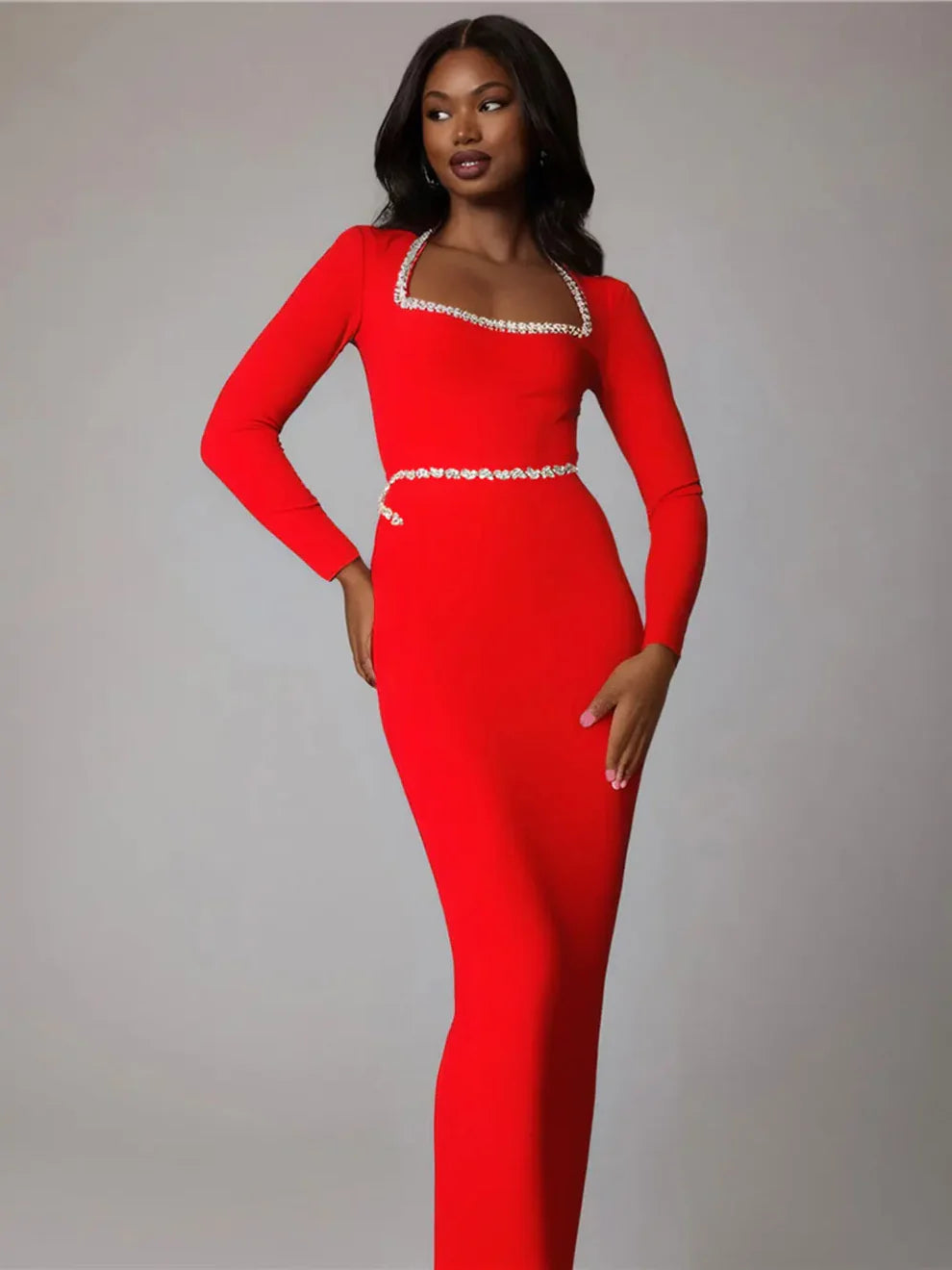 574 Pearl-Embellished Cold-Shoulder Gown