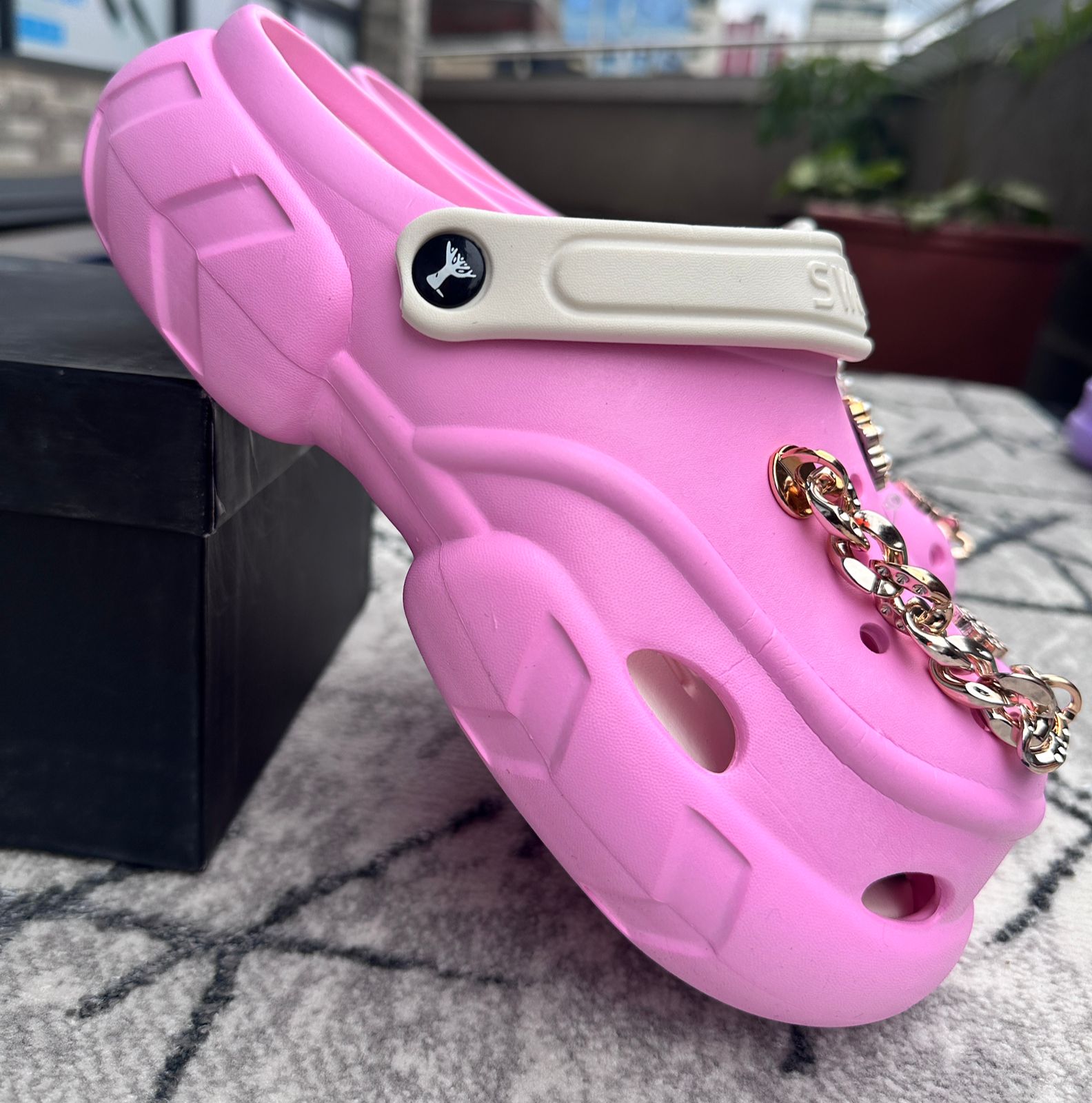 Image of Bubble Pink Gold Chain Platform Ladies Crocs
