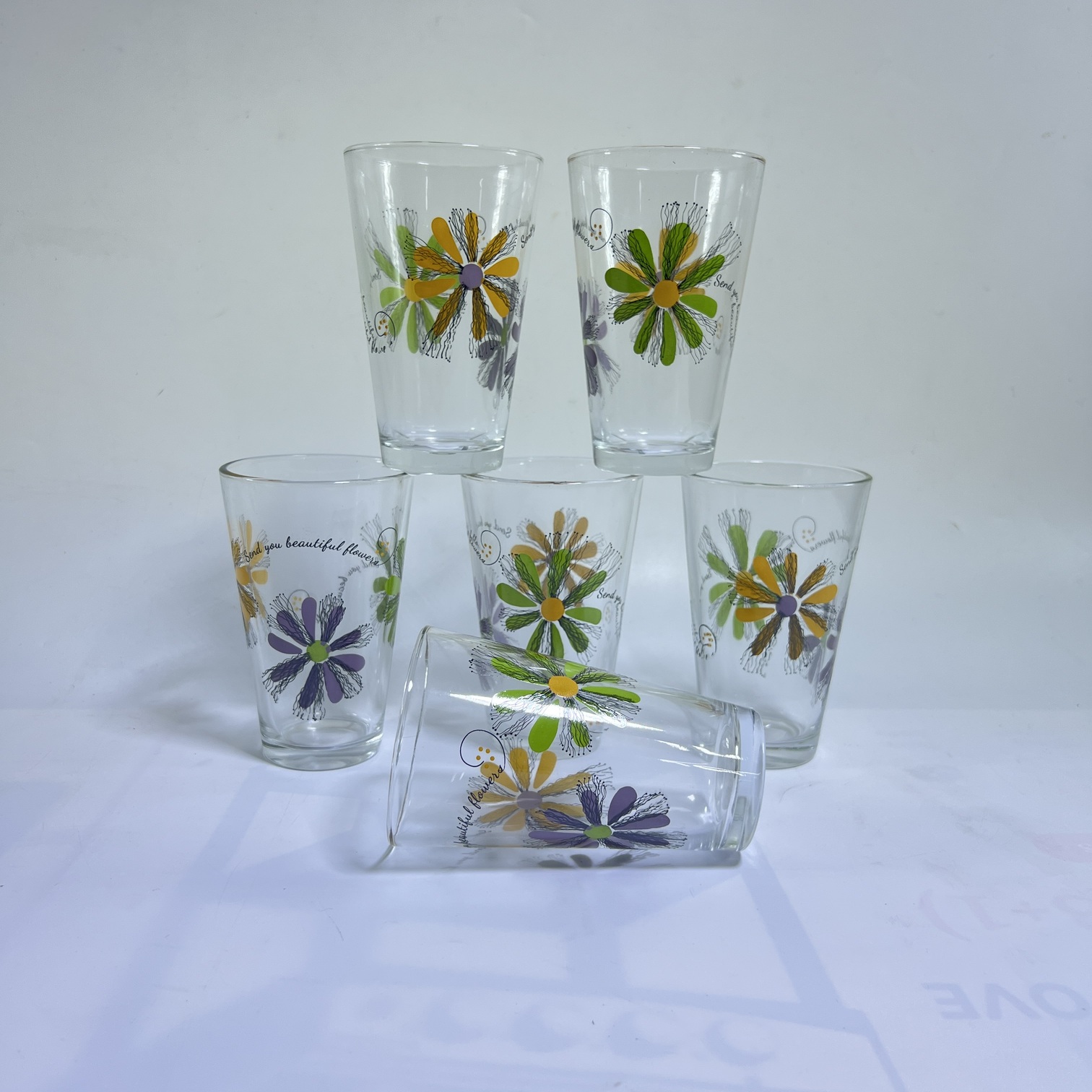 Image of Deli Floral Printed Glass Tumbler Set 315ML – Decorative Drinkware (Y5076E)