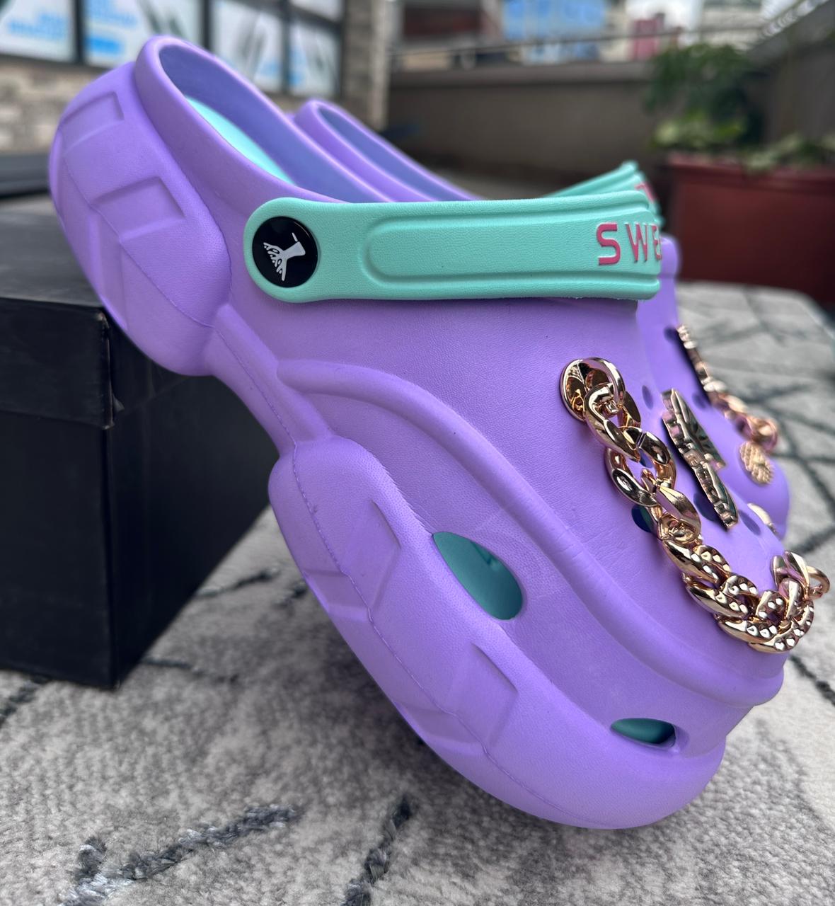 Image of Purple Gold Chain Platform Ladies Crocs