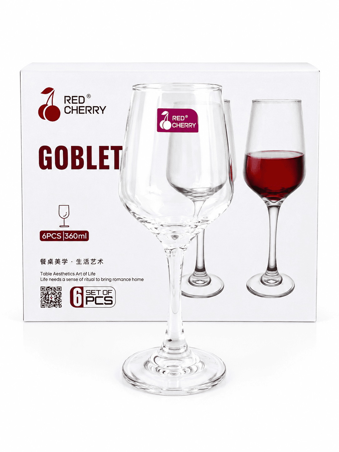 Image of Red Cherry Goblet Wine Glass 6-piece Set Set 360ml (G4035)