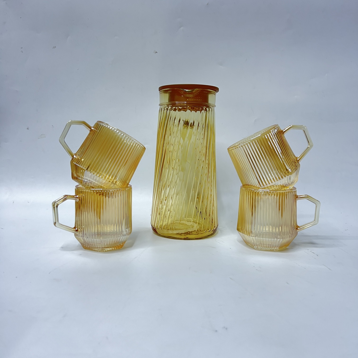 Image of 5-Piece Water Ware Set (H3002-5H) – Elegant Amber Ribbed Glass Set