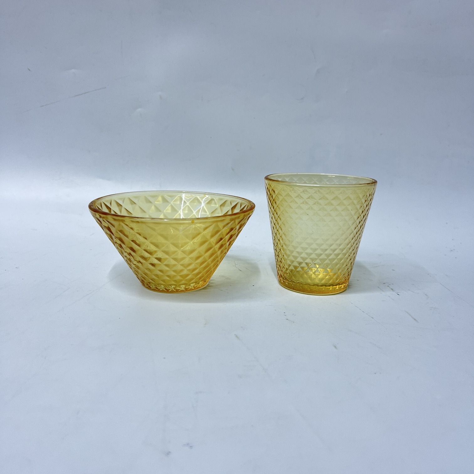 Image of Bamboo Hat Glass Cup & Bowl 2-Piece Set (H2221-2H) – Textured Amber Glassware