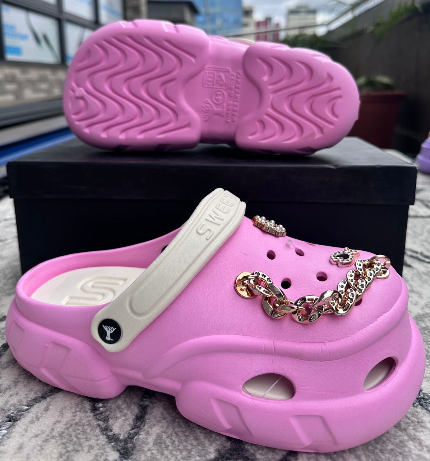 Image of Bubble Pink Gold Chain Platform Ladies Crocs