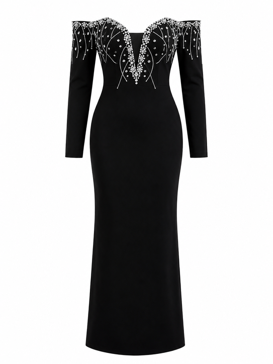 Image of 637 Crystal Draped Off-Shoulder Gown