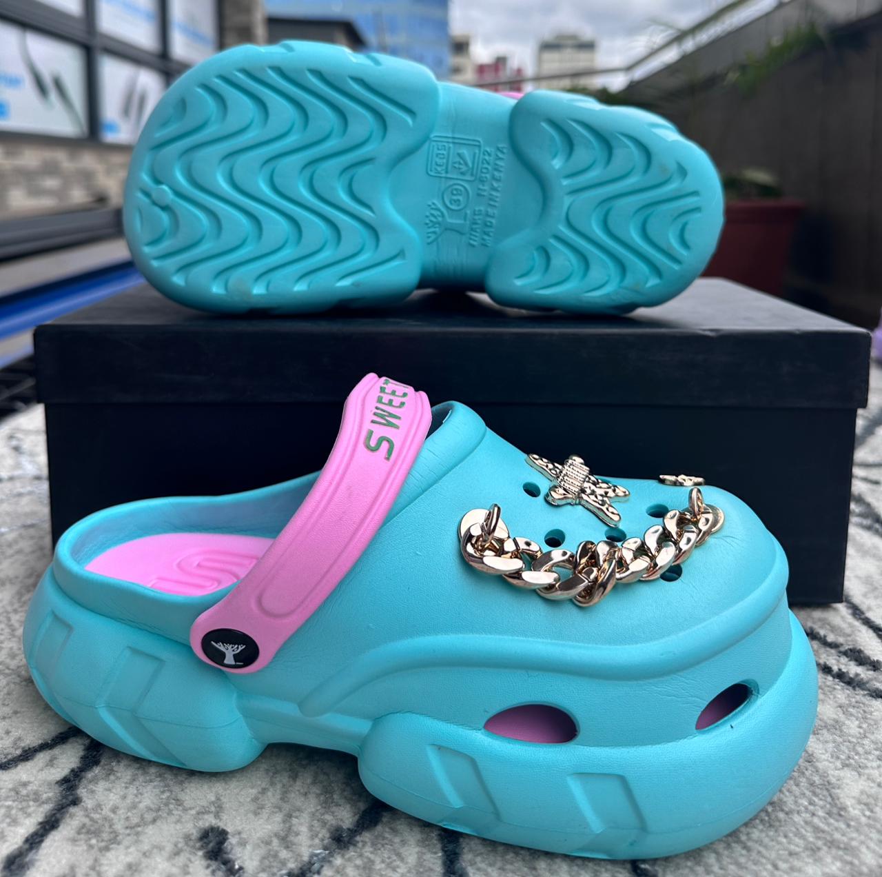 Image of Sky Blue Gold Chain Platform Ladies Crocs