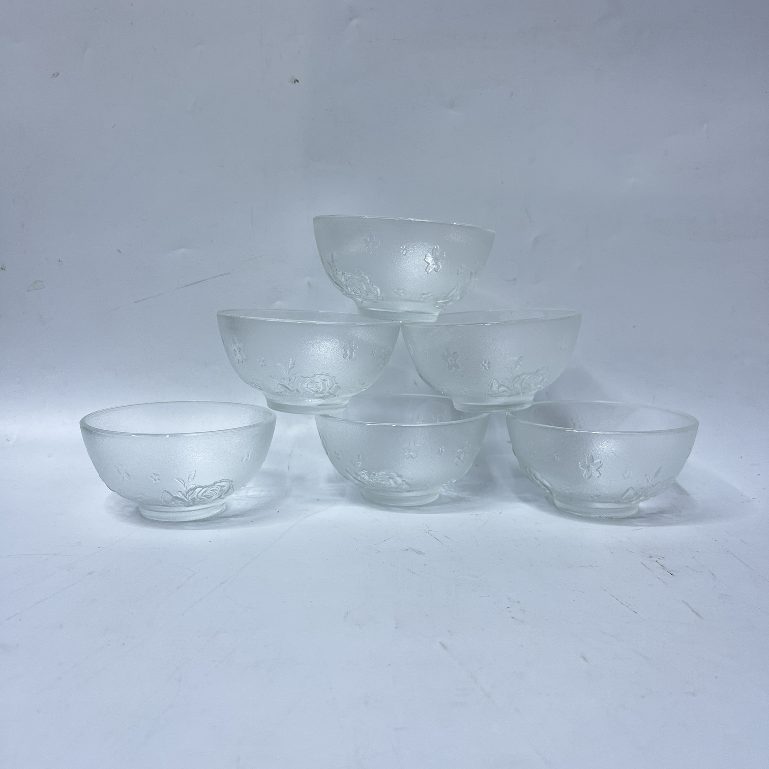 Image of Rose Bowl 6-Piece Set (H3218-6) – Frosted Floral Glass Dessert Bowls