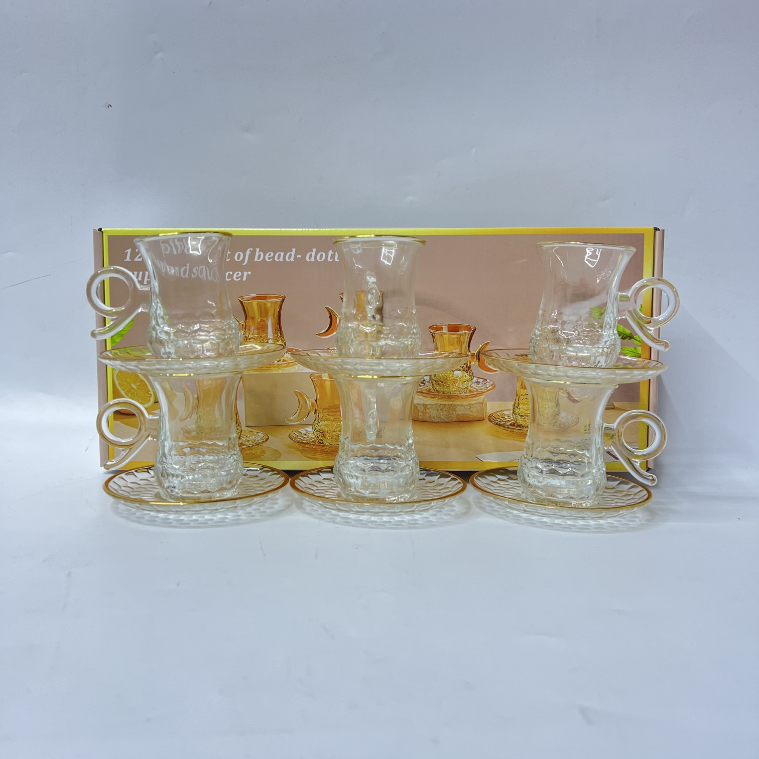 Image of 12 Piece Glass Tea Cup and Saucer Set -Q6715-12J