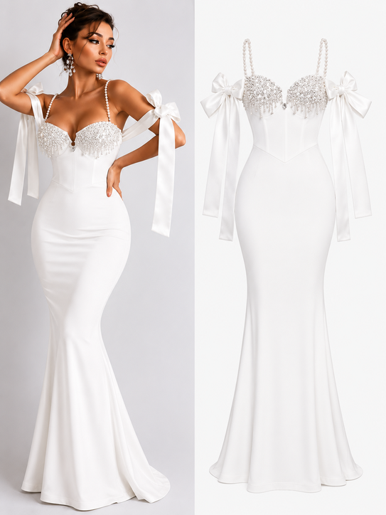 Image of 495 Crystal Draped Bow-Strap Midi Dress