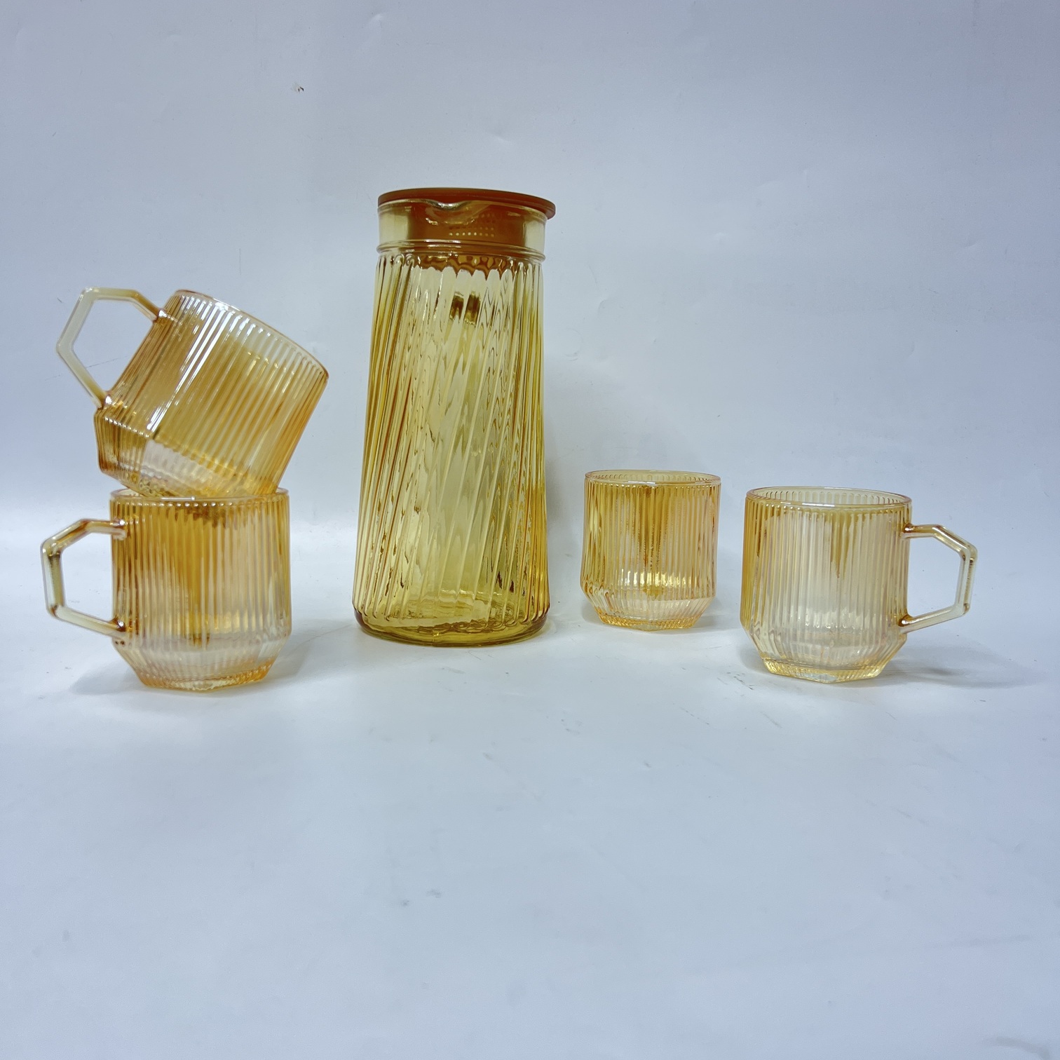 Image of 5-Piece Water Ware Set (H3002-5H) – Elegant Amber Ribbed Glass Set