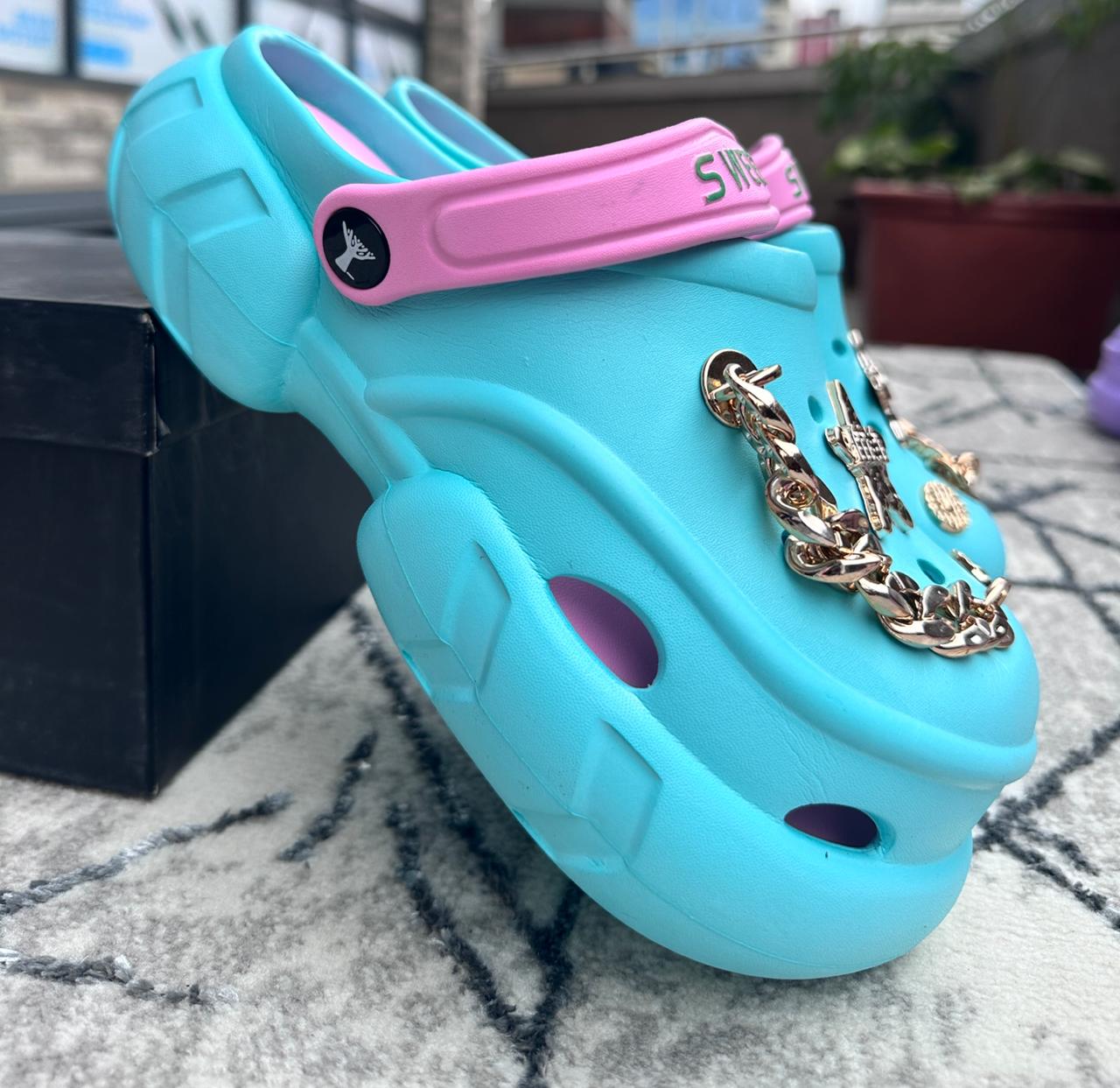 Image of Sky Blue Gold Chain Platform Ladies Crocs
