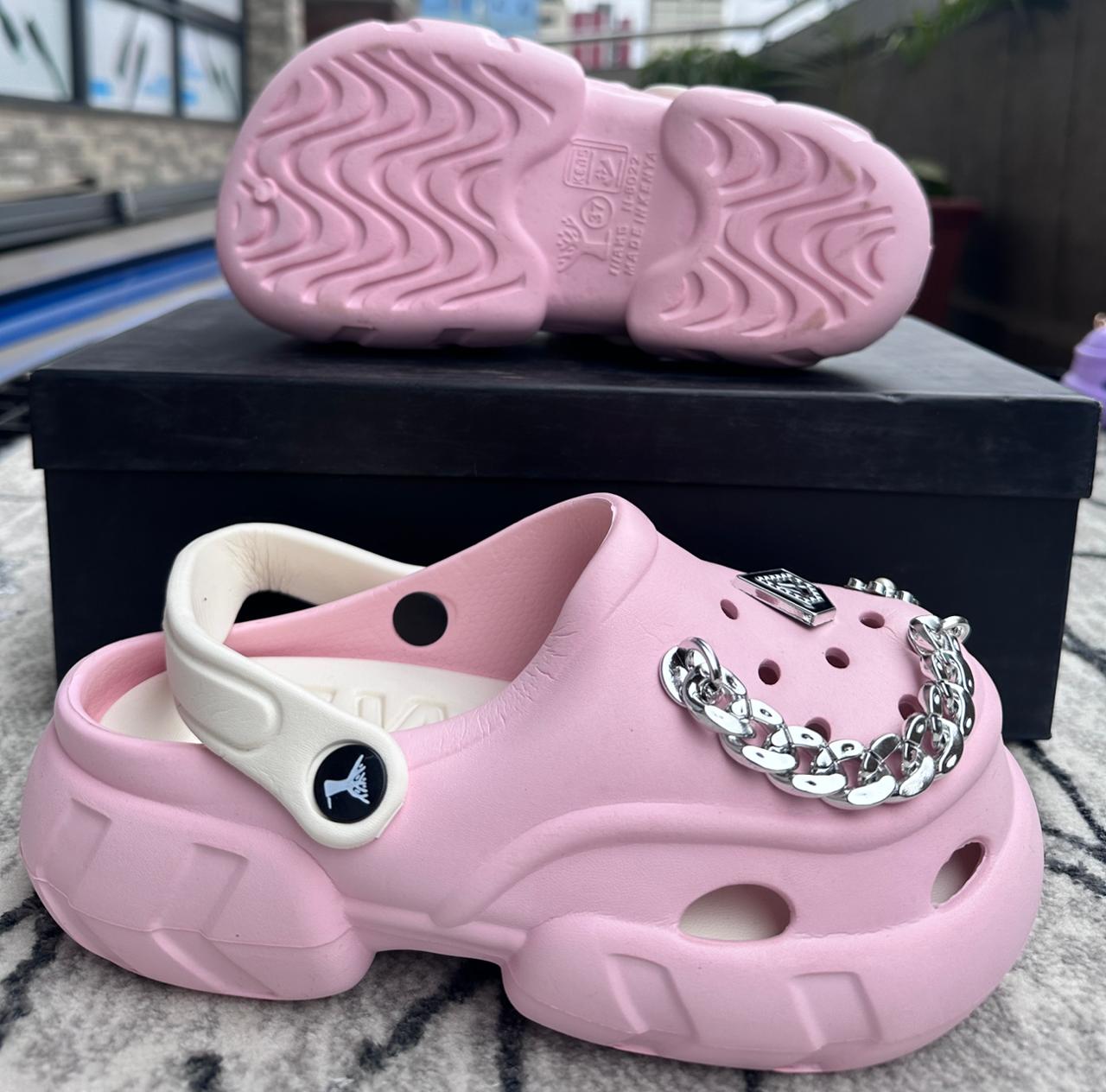 Image of Pink Chain Detail Platform Ladies Crocs