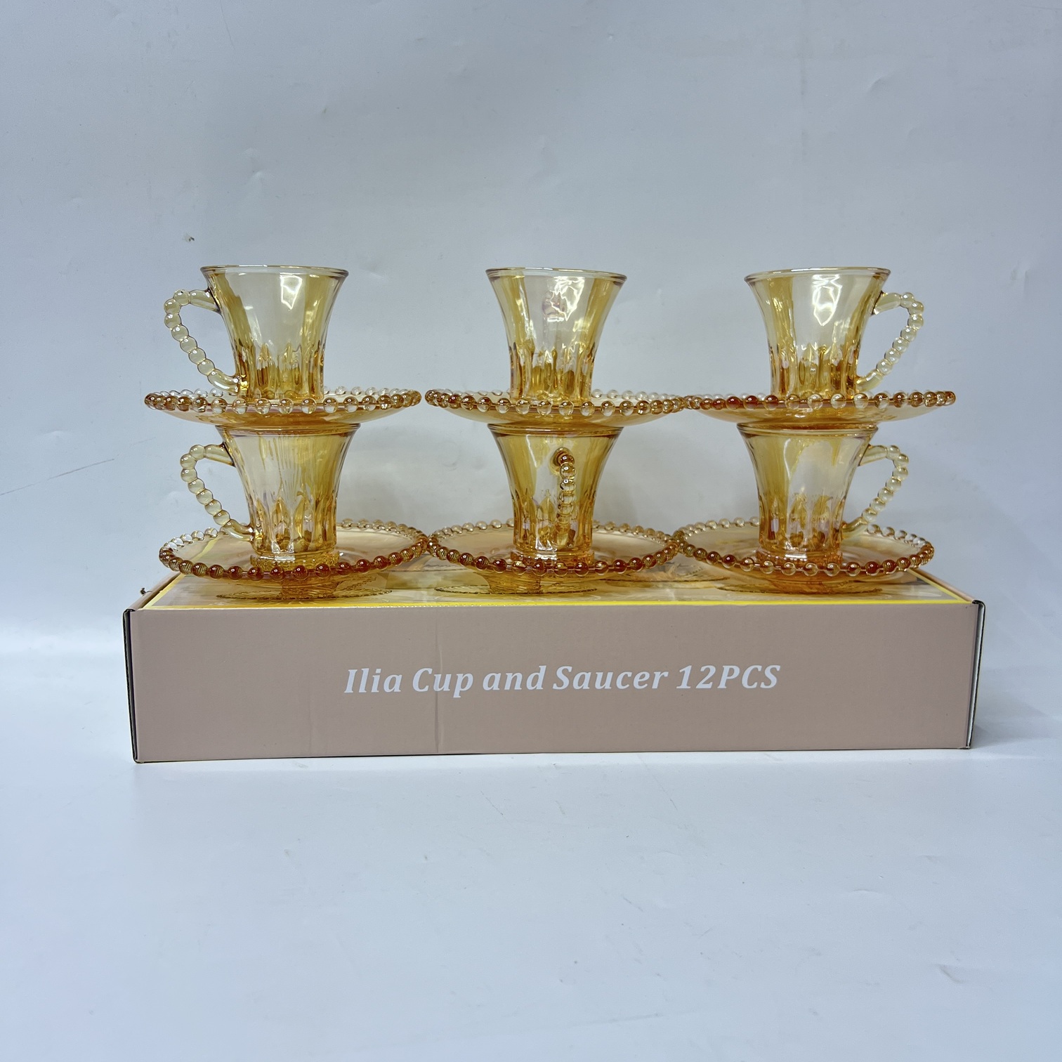 Image of Ilia 12-Piece Cup and Saucer Set (Q6918-6H) – Elegant Amber Glassware