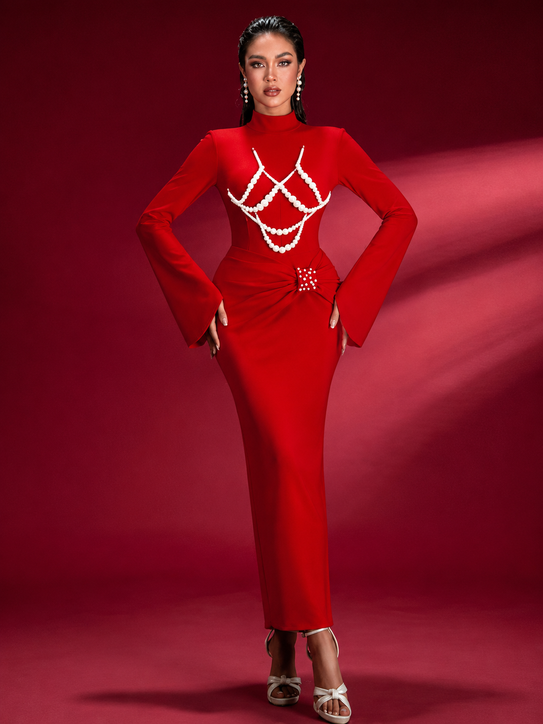 Image of 678 Pearl Chain Bell Sleeve Gown