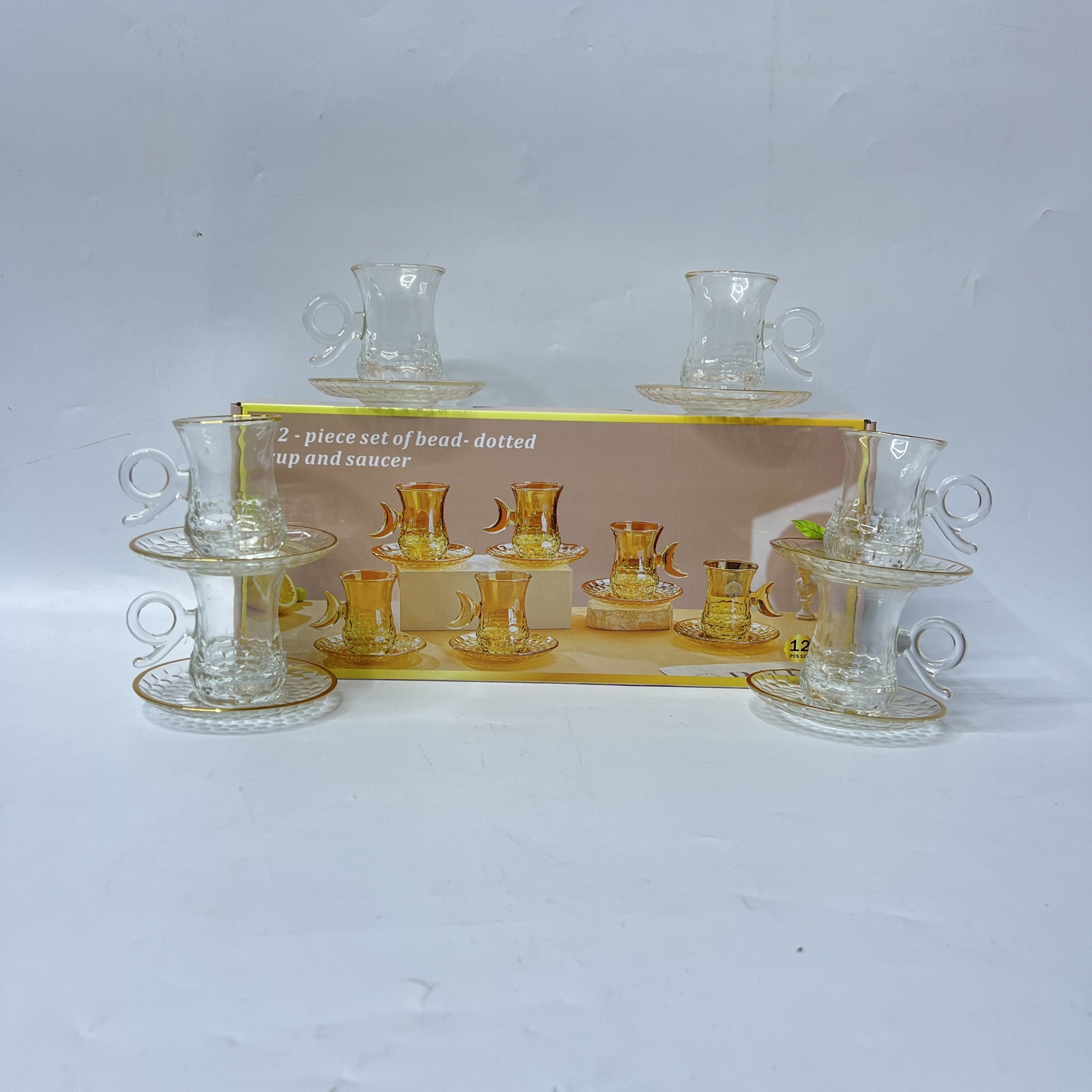 Image of 12 Piece Glass Tea Cup and Saucer Set -Q6715-12J