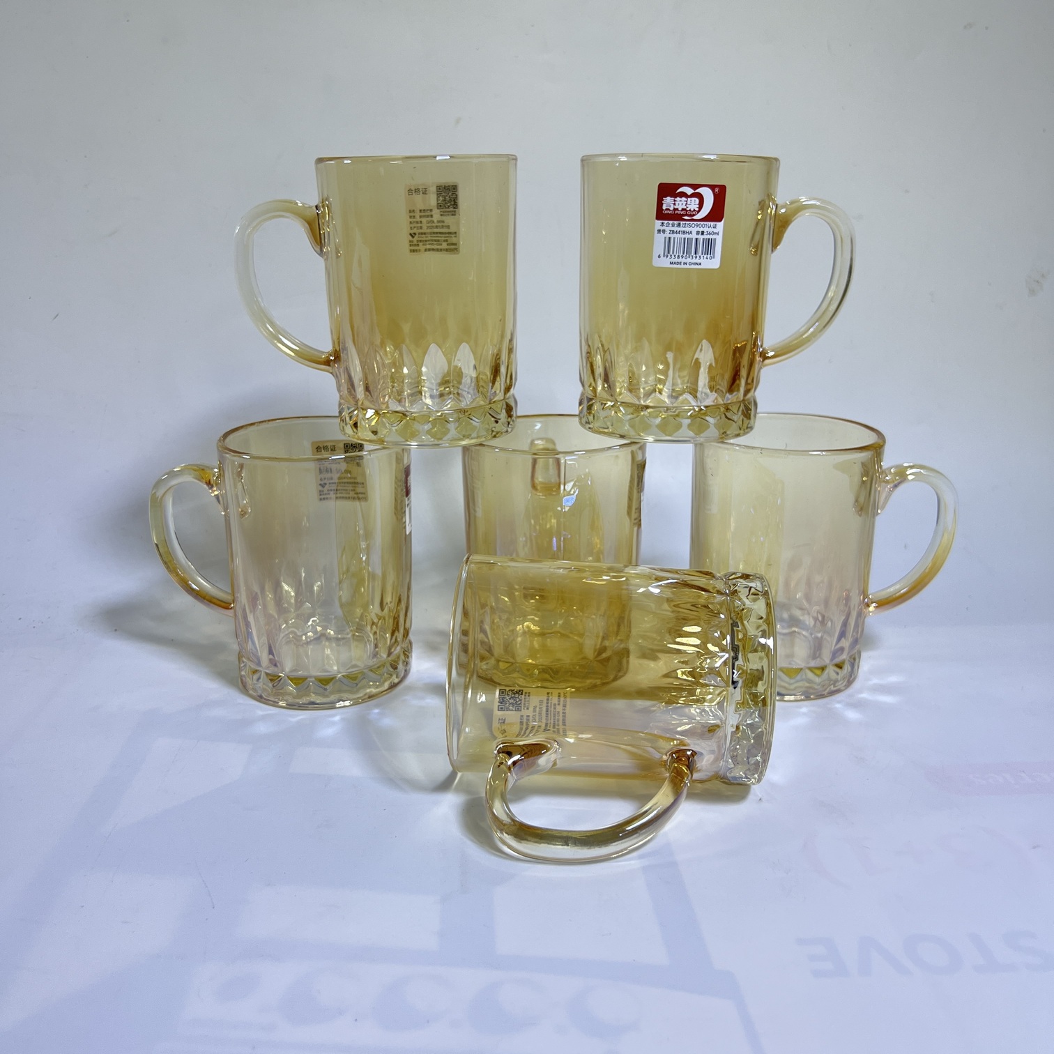 Image of Deli Glass Amber Vintage Embossed Mug Six-Piece Set 360ml (ZB441BHA)