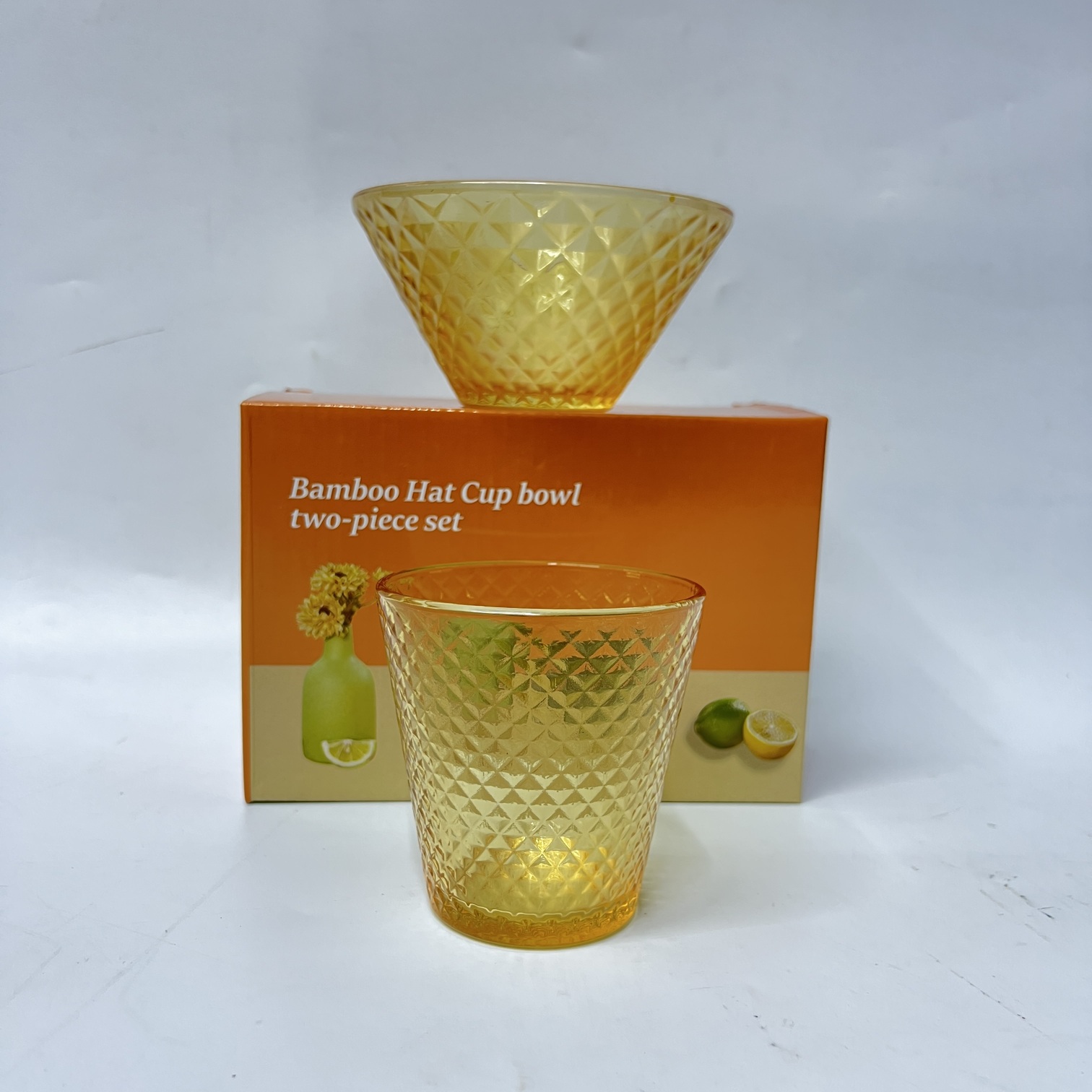 Image of Bamboo Hat Glass Cup & Bowl 2-Piece Set (H2221-2H) – Textured Amber Glassware