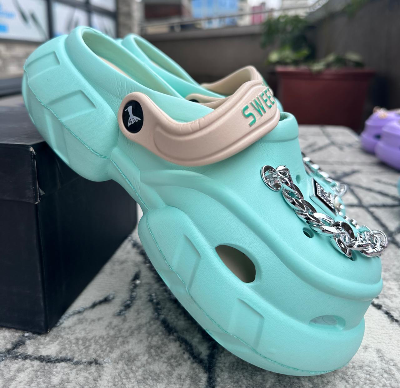 Image of Mint Green Chain Detail Platform Ladies Crocs